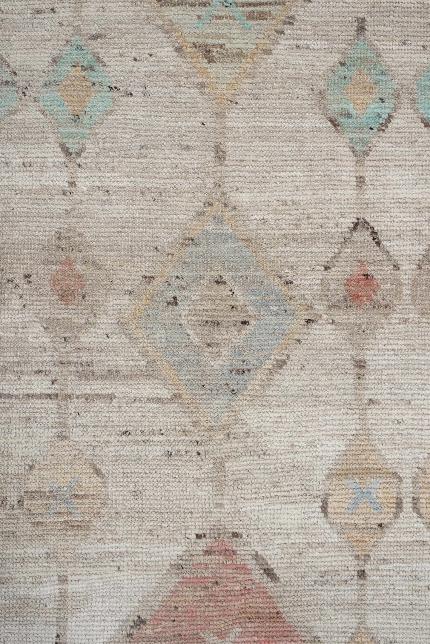 3' x 12' one-of-a-kind handmade vintage Tulu runner rug. Color palette: ivory, beige, aqua, blush, sand, taupe, coral, gray