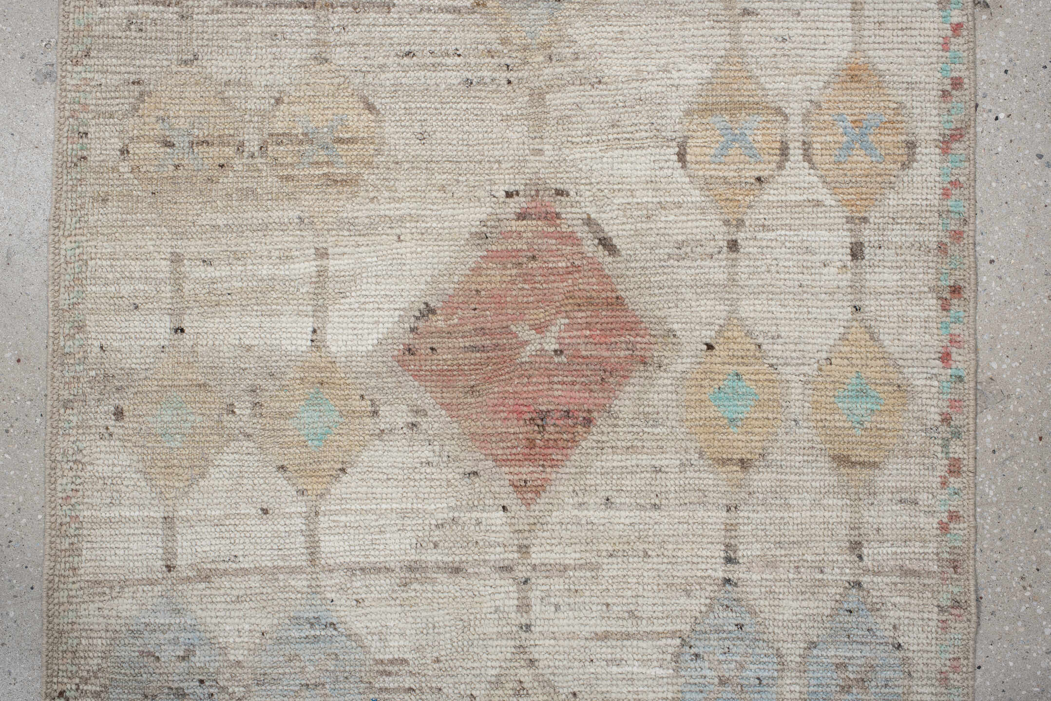 3' x 12' one-of-a-kind handmade vintage Tulu runner rug. Color palette: ivory, beige, aqua, blush, sand, taupe, coral, gray