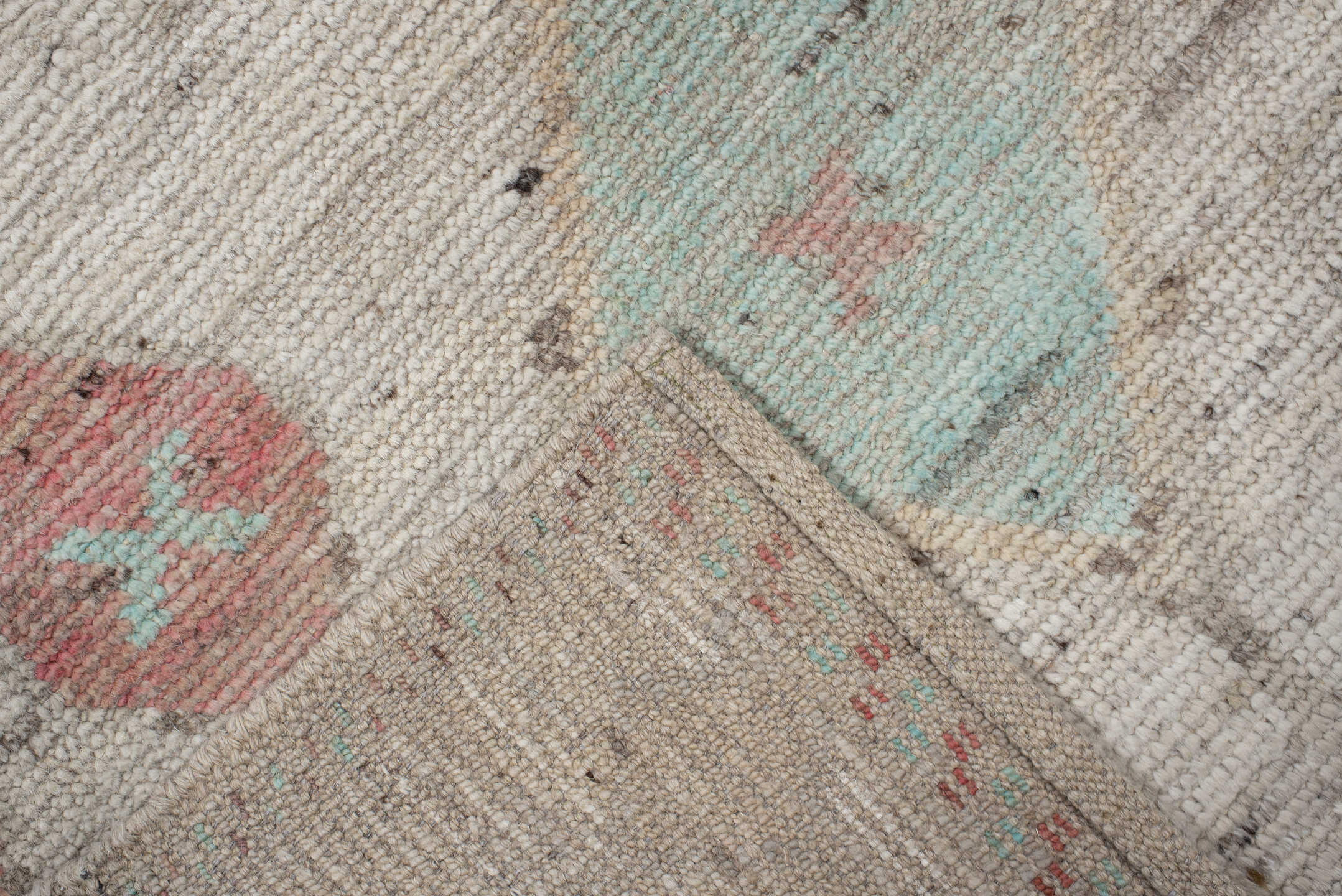 3' x 12' one-of-a-kind handmade vintage Tulu runner rug. Color palette: ivory, beige, aqua, blush, sand, taupe, coral, gray