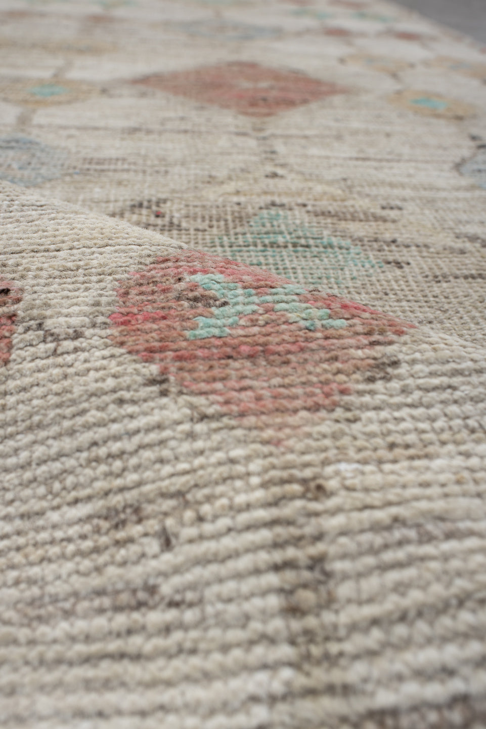 3' x 12' one-of-a-kind handmade vintage Tulu runner rug. Color palette: ivory, beige, aqua, blush, sand, taupe, coral, gray