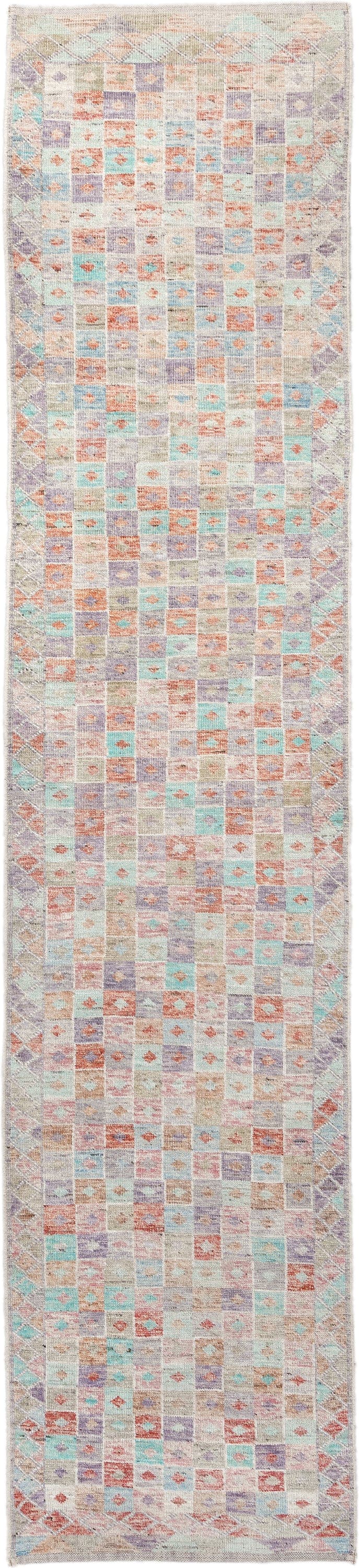 2' x 13' one-of-a-kind handmade vintage Tulu runner rug. Color palette: ivory, aqua, lavender, coral, taupe, sage, teal