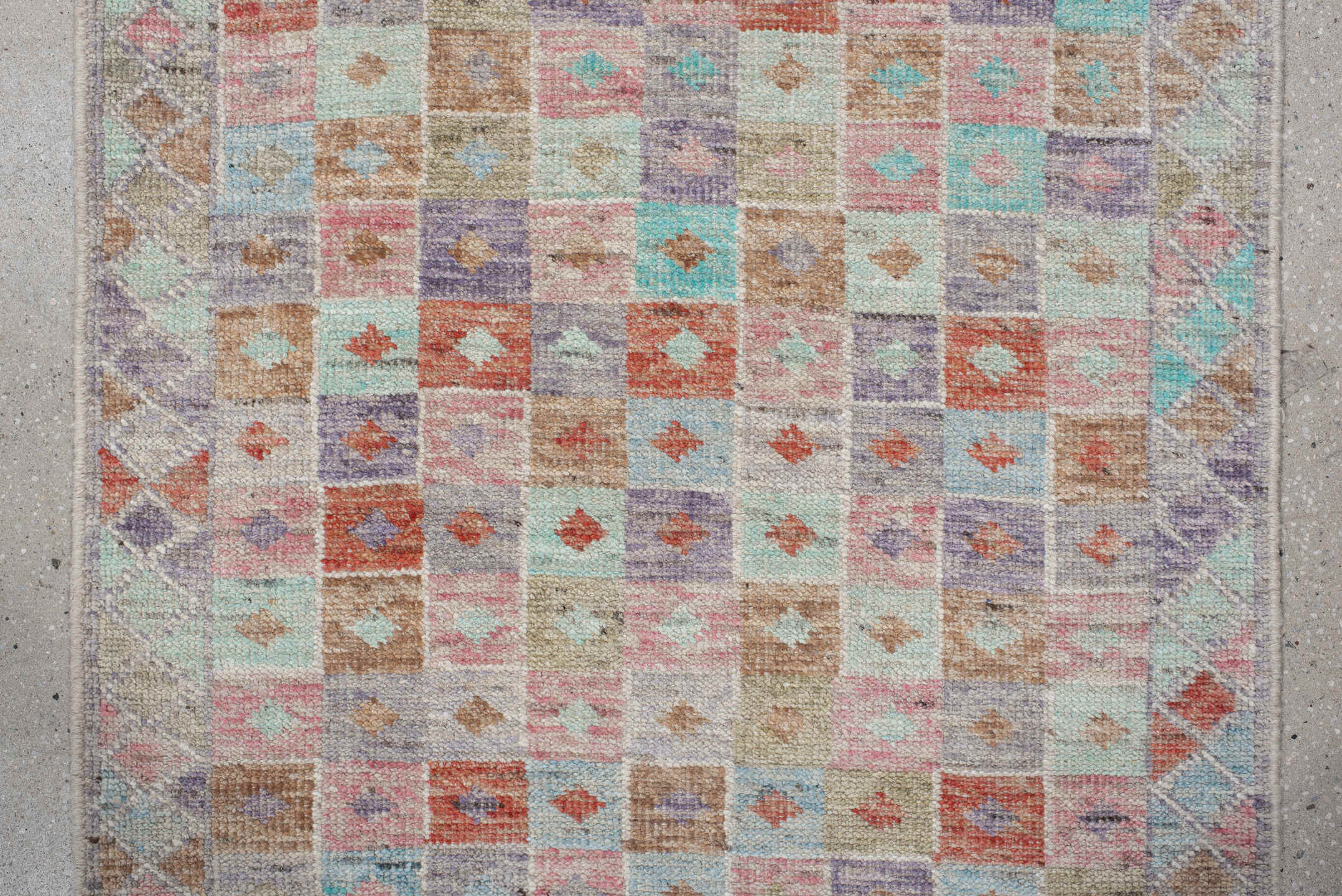 2' x 13' one-of-a-kind handmade vintage Tulu runner rug. Color palette: ivory, aqua, lavender, coral, taupe, sage, teal