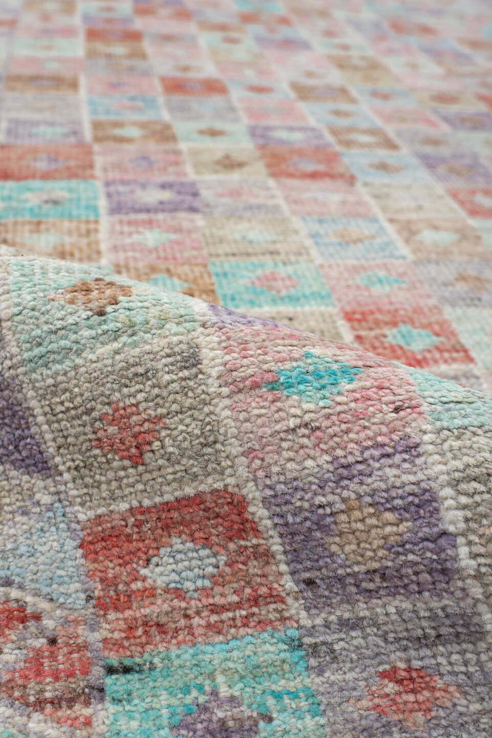 2' x 13' one-of-a-kind handmade vintage Tulu runner rug. Color palette: ivory, aqua, lavender, coral, taupe, sage, teal