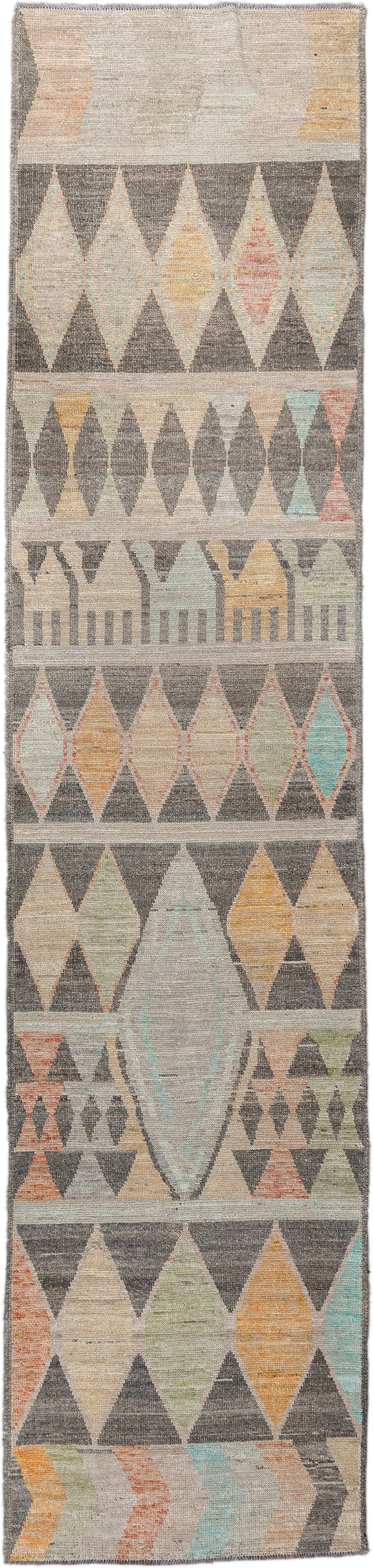 2' x 13' one-of-a-kind handmade vintage Tulu runner rug. Color palette: charcoal, ivory, taupe, aqua, saffron, sage, coral