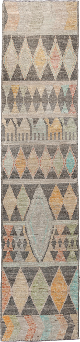 2' x 13' one-of-a-kind handmade vintage Tulu runner rug. Color palette: charcoal, ivory, taupe, aqua, saffron, sage, coral