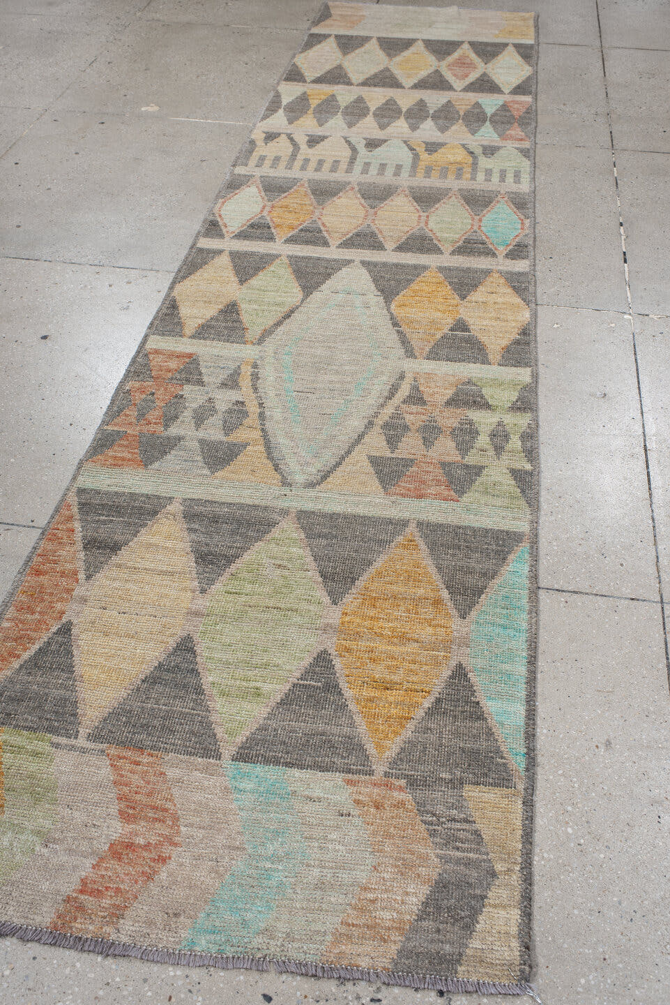 2' x 13' one-of-a-kind handmade vintage Tulu runner rug. Color palette: charcoal, ivory, taupe, aqua, saffron, sage, coral