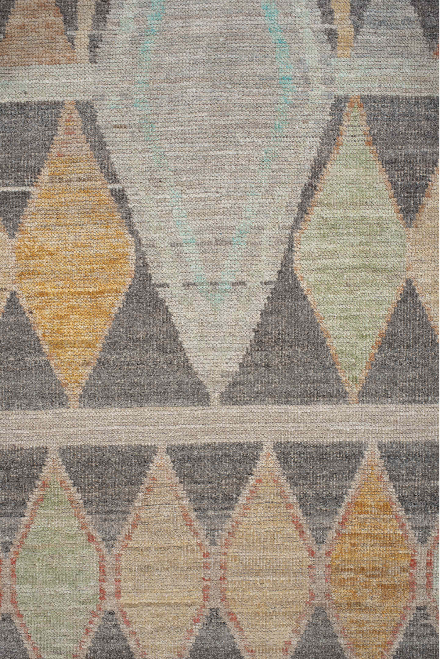 2' x 13' one-of-a-kind handmade vintage Tulu runner rug. Color palette: charcoal, ivory, taupe, aqua, saffron, sage, coral