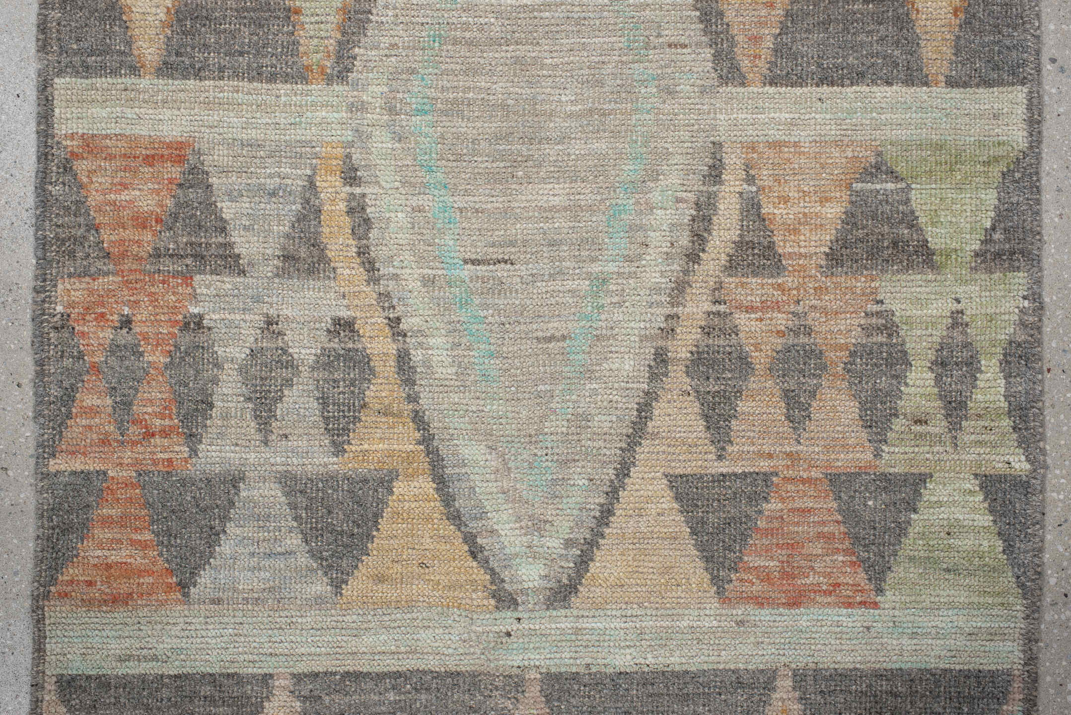 2' x 13' one-of-a-kind handmade vintage Tulu runner rug. Color palette: charcoal, ivory, taupe, aqua, saffron, sage, coral