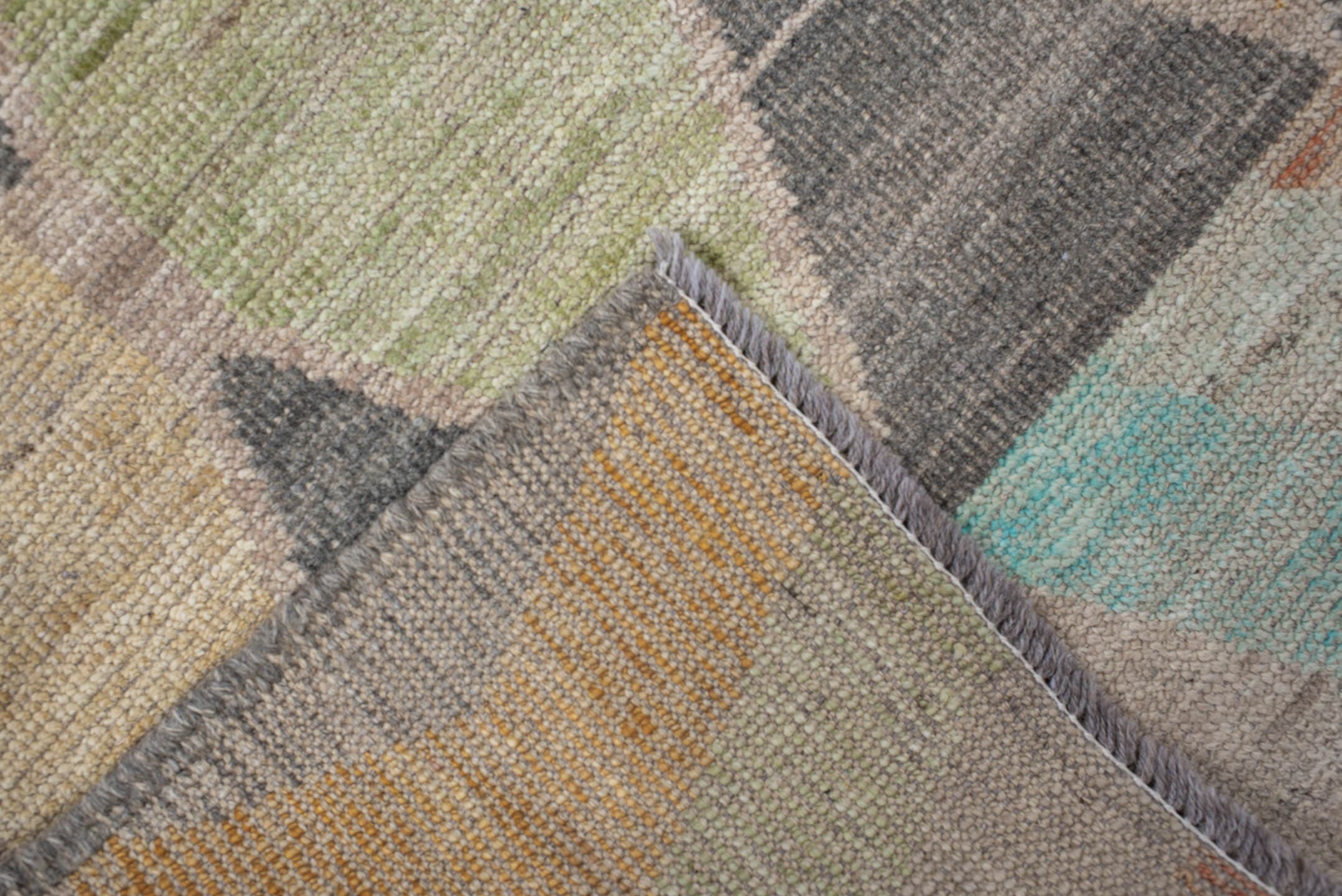 2' x 13' one-of-a-kind handmade vintage Tulu runner rug. Color palette: charcoal, ivory, taupe, aqua, saffron, sage, coral