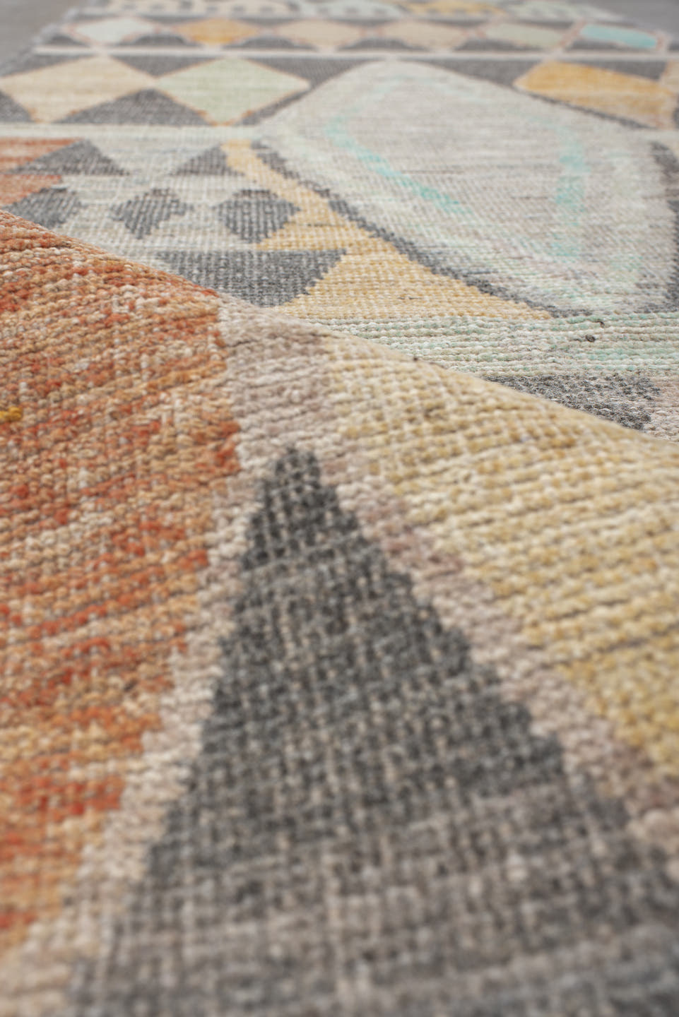 2' x 13' one-of-a-kind handmade vintage Tulu runner rug. Color palette: charcoal, ivory, taupe, aqua, saffron, sage, coral