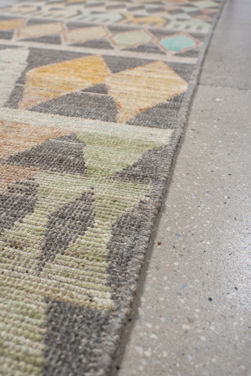 2' x 13' one-of-a-kind handmade vintage Tulu runner rug. Color palette: charcoal, ivory, taupe, aqua, saffron, sage, coral