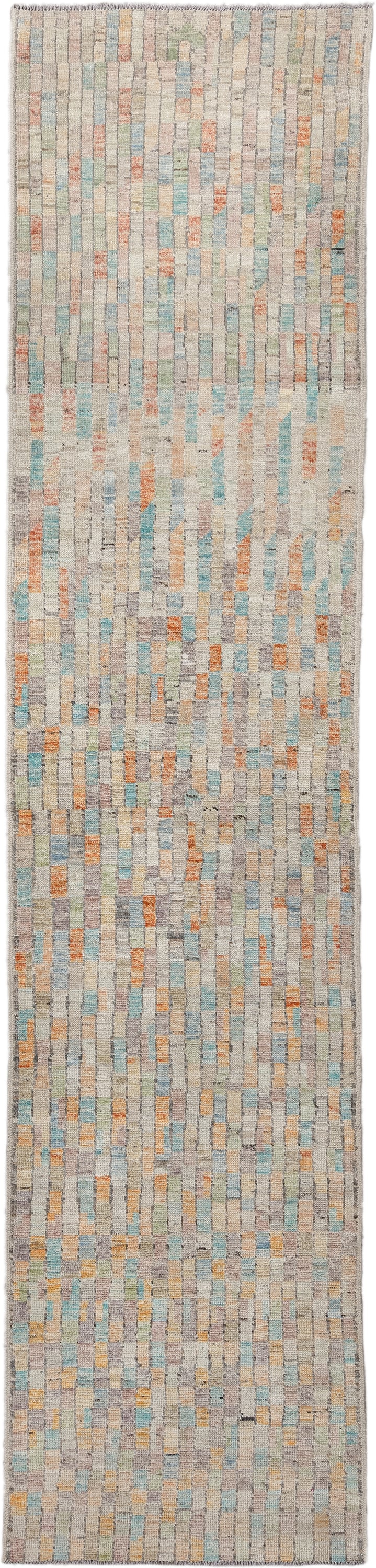 3' x 13' one-of-a-kind handmade vintage Tulu runner rug. Color palette: ivory, taupe, sky_blue, apricot, sage, gray, beige