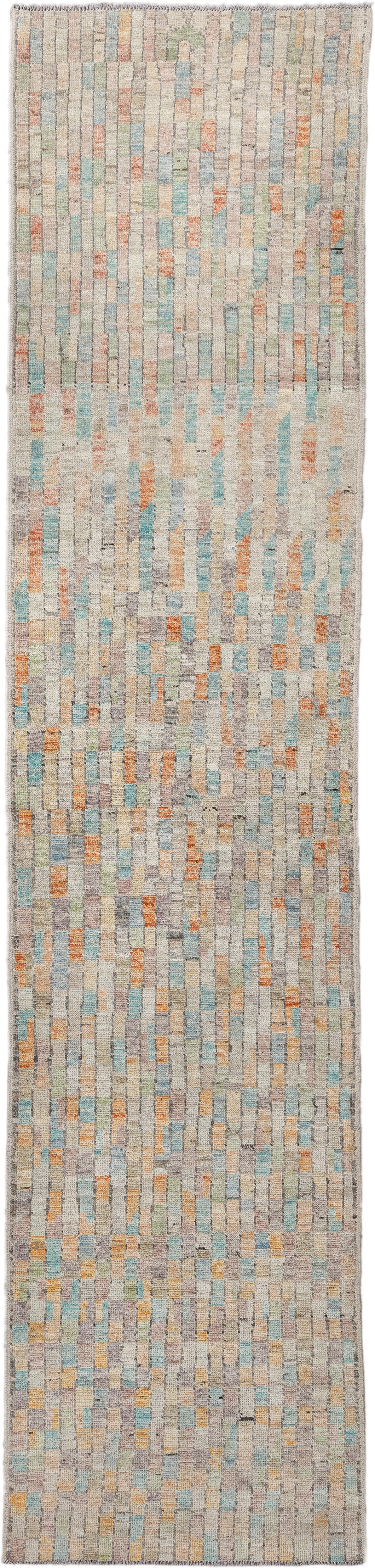 3' x 13' one-of-a-kind handmade vintage Tulu runner rug. Color palette: ivory, taupe, sky_blue, apricot, sage, gray, beige