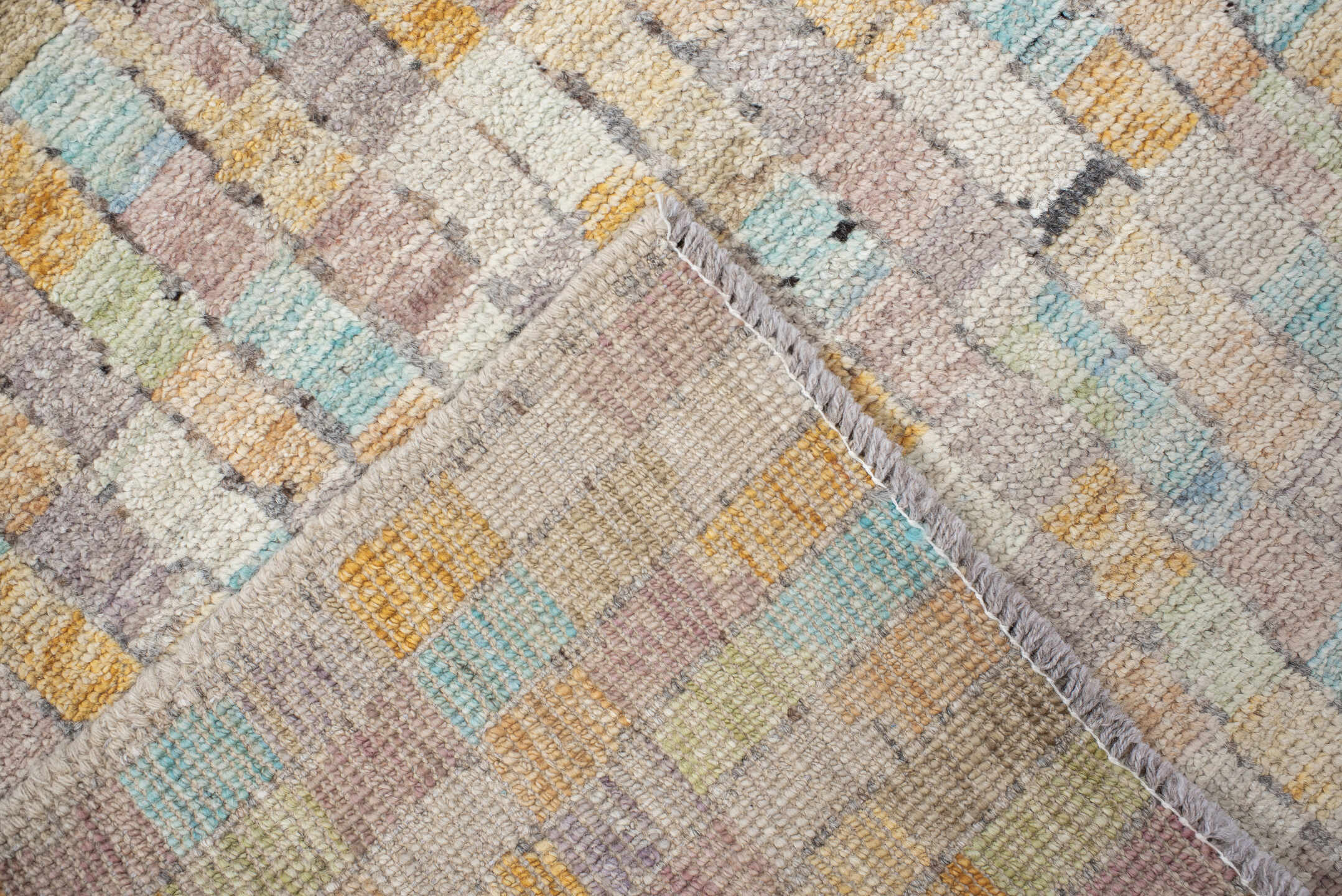 3' x 13' one-of-a-kind handmade vintage Tulu runner rug. Color palette: ivory, taupe, sky_blue, apricot, sage, gray, beige