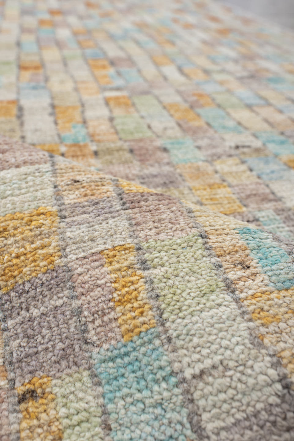 3' x 13' one-of-a-kind handmade vintage Tulu runner rug. Color palette: ivory, taupe, sky_blue, apricot, sage, gray, beige