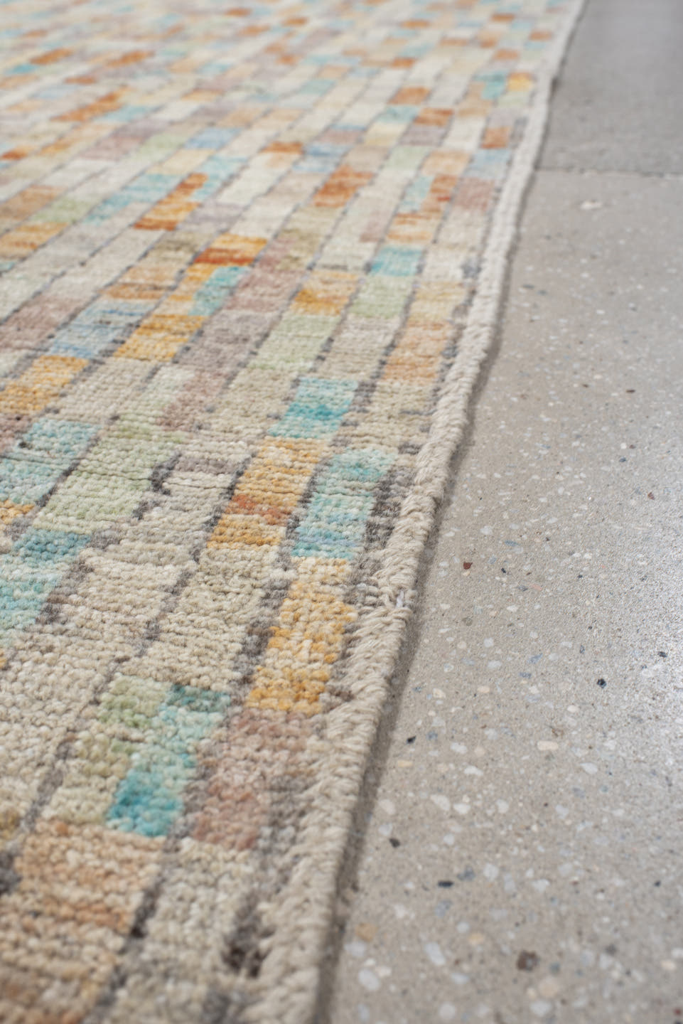 3' x 13' one-of-a-kind handmade vintage Tulu runner rug. Color palette: ivory, taupe, sky_blue, apricot, sage, gray, beige