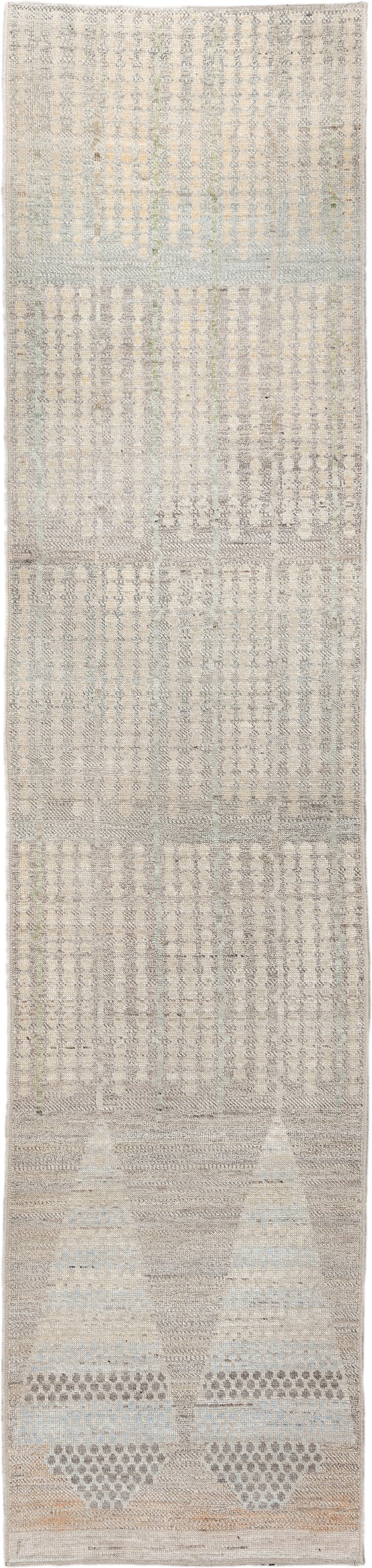 3' x 13' one-of-a-kind handmade vintage Tulu runner rug. Color palette: ivory, taupe, pale_gray, cream, beige, gray