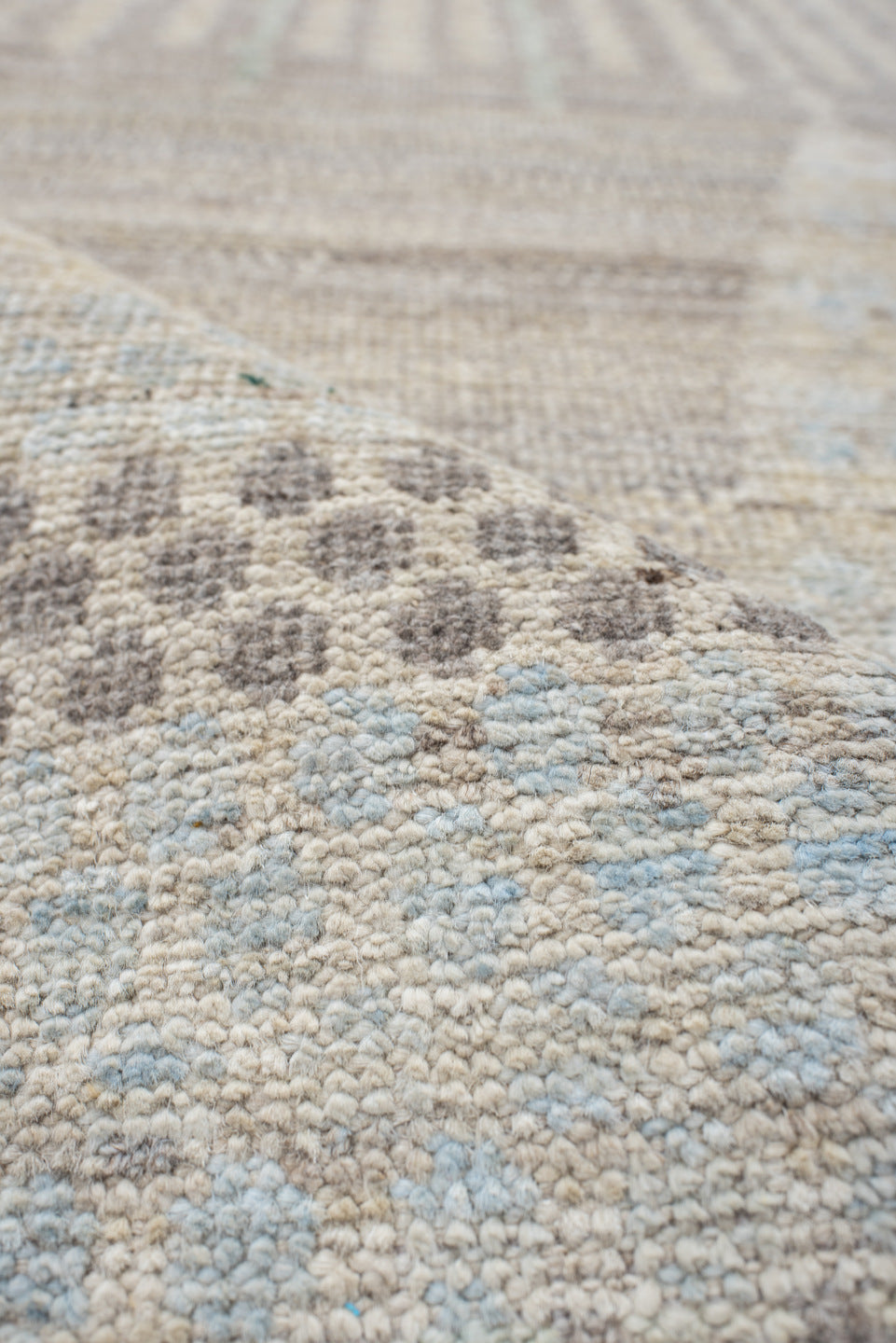 3' x 13' one-of-a-kind handmade vintage Tulu runner rug. Color palette: antiquewhite, brown, dark gray, gray, light gray