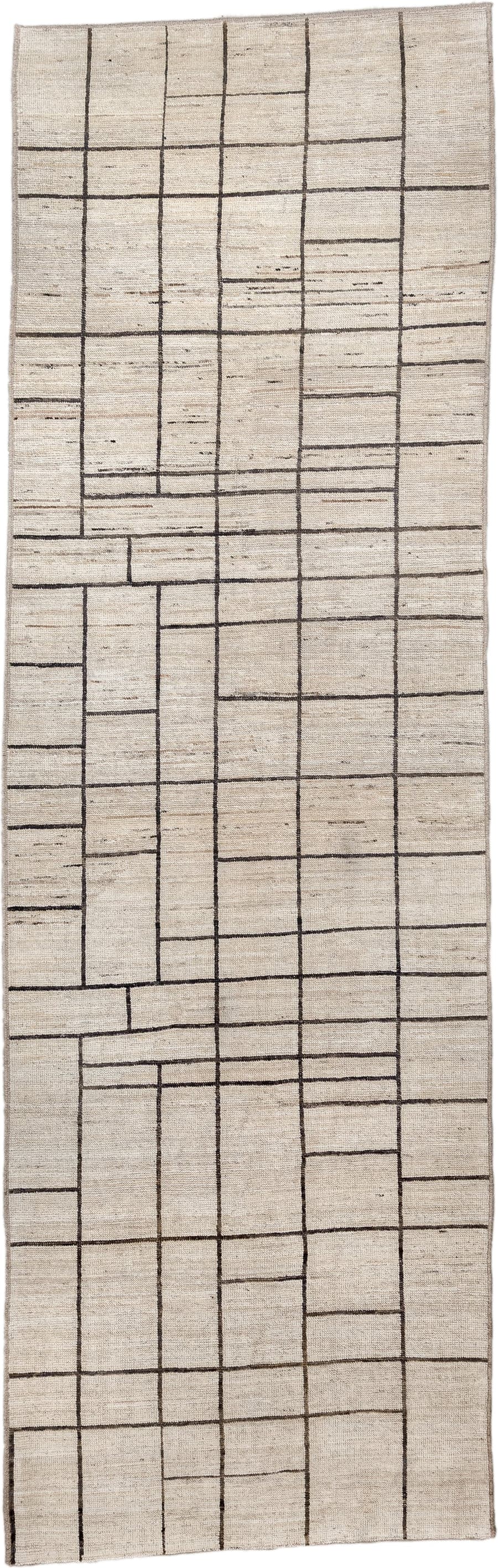 4' x 13' one-of-a-kind handmade vintage Tulu runner rug. Color palette: ivory, charcoal, taupe, cream, gray, black, beige