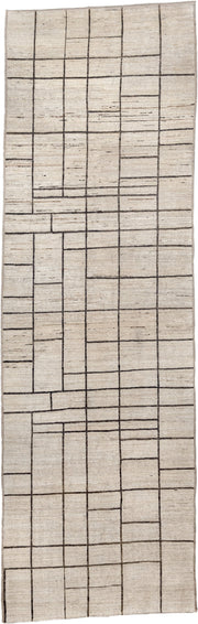 4' x 13' one-of-a-kind handmade vintage Tulu runner rug. Color palette: ivory, charcoal, taupe, cream, gray, black, beige