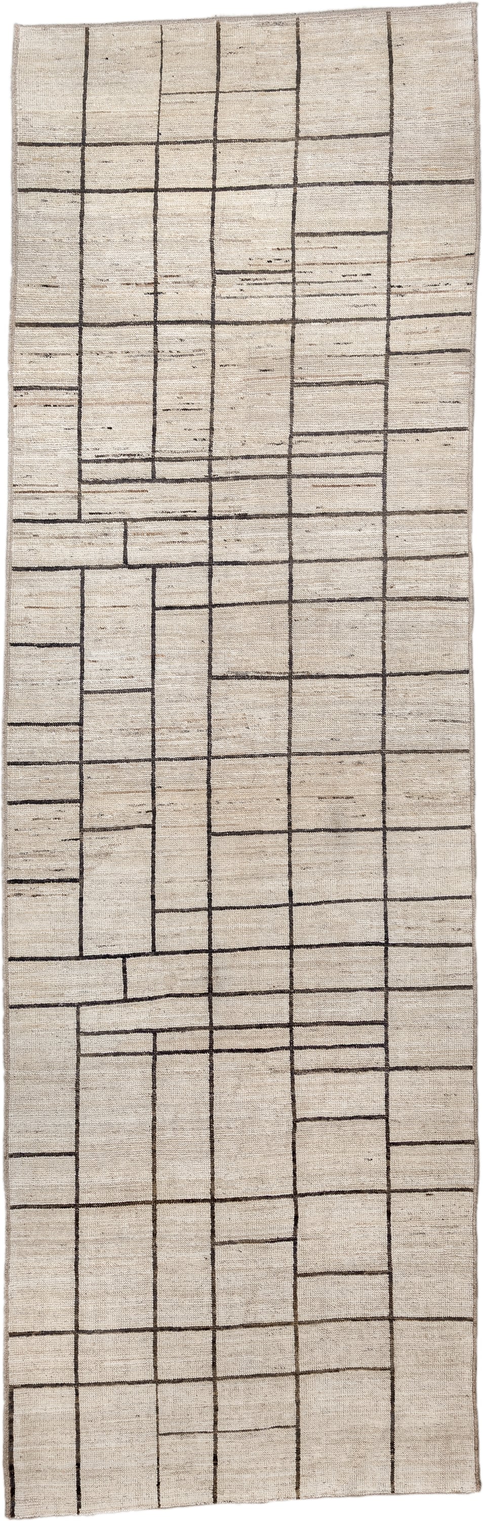 4' x 13' one-of-a-kind handmade vintage Tulu runner rug. Color palette: ivory, charcoal, taupe, cream, gray, black, beige