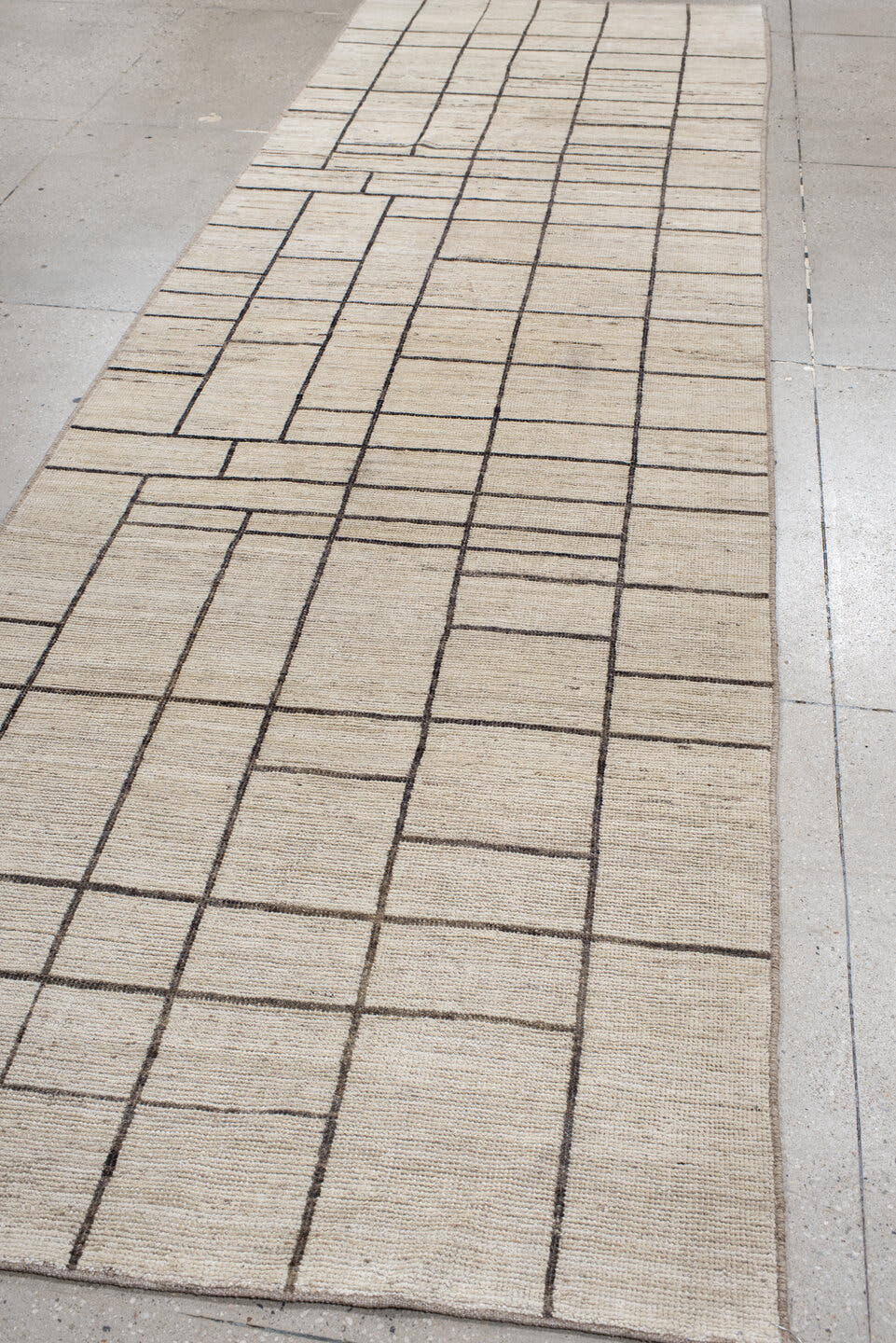 4' x 13' one-of-a-kind handmade vintage Tulu runner rug. Color palette: ivory, charcoal, taupe, cream, gray, black, beige
