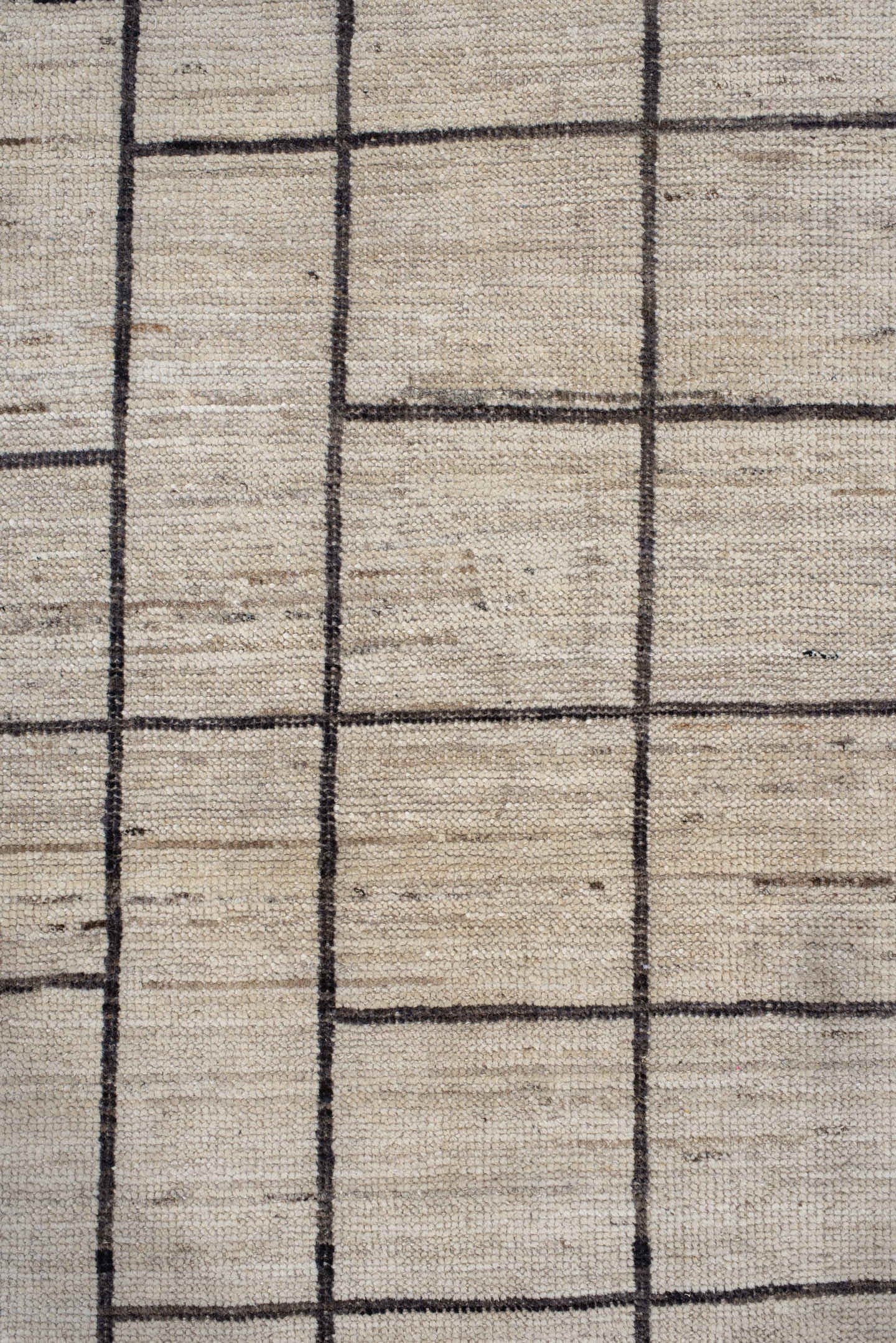 4' x 13' one-of-a-kind handmade vintage Tulu runner rug. Color palette: ivory, charcoal, taupe, cream, gray, black, beige