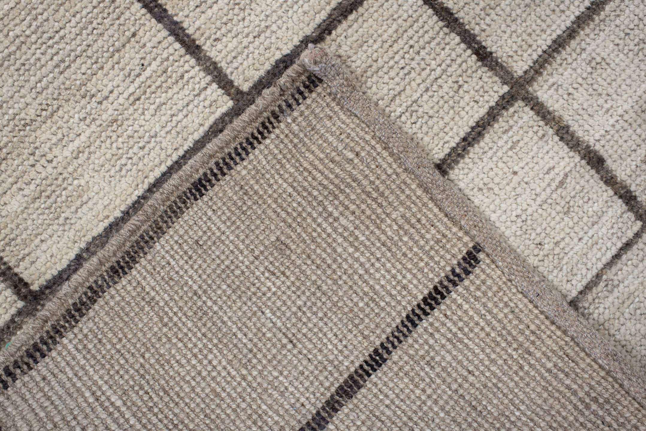 4' x 13' one-of-a-kind handmade vintage Tulu runner rug. Color palette: ivory, charcoal, taupe, cream, gray, black, beige