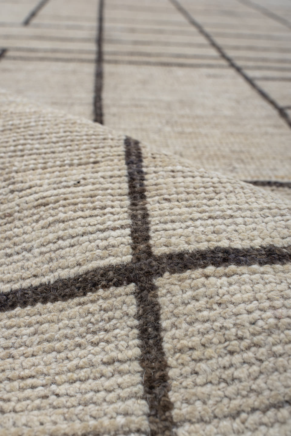 4' x 13' one-of-a-kind handmade vintage Tulu runner rug. Color palette: ivory, charcoal, taupe, cream, gray, black, beige