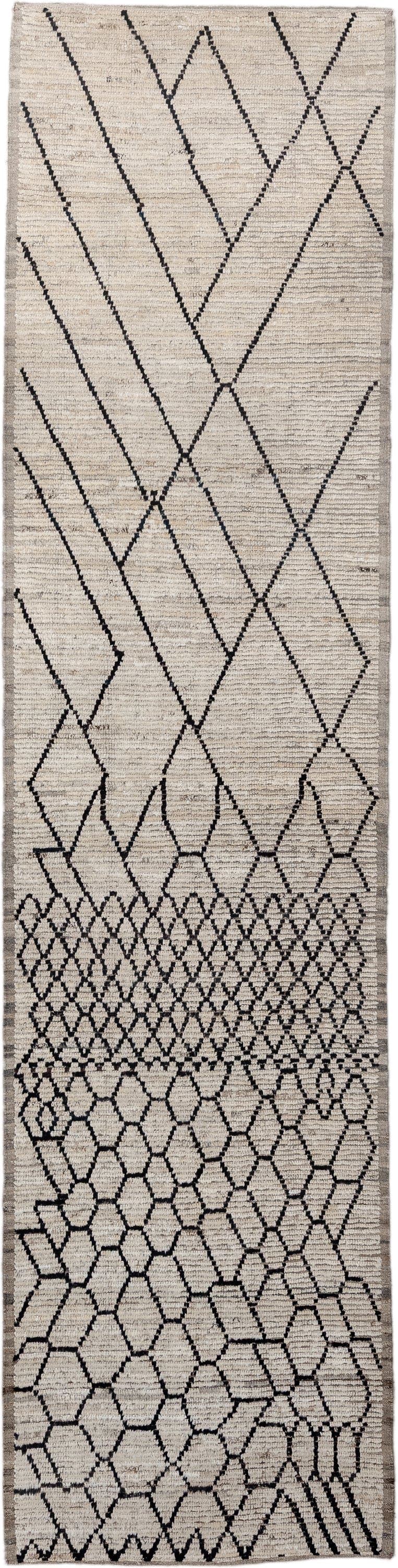 3' x 13' one-of-a-kind handmade vintage Tulu runner rug. Color palette: ivory, black, taupe, charcoal, beige, gray
