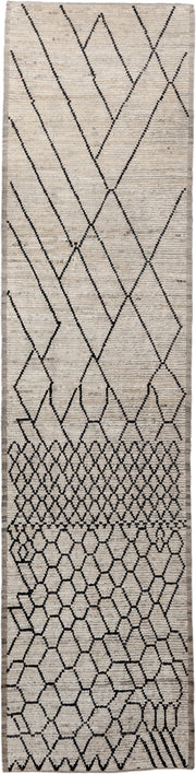 3' x 13' one-of-a-kind handmade vintage Tulu runner rug. Color palette: ivory, black, taupe, charcoal, beige, gray