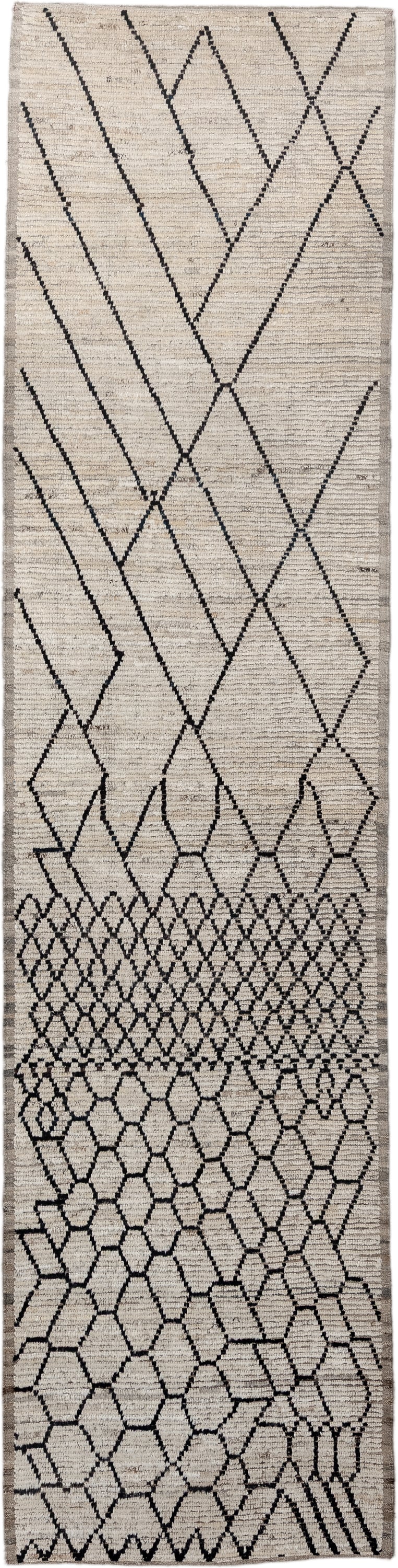 3' x 13' one-of-a-kind handmade vintage Tulu runner rug. Color palette: ivory, black, taupe, charcoal, beige, gray