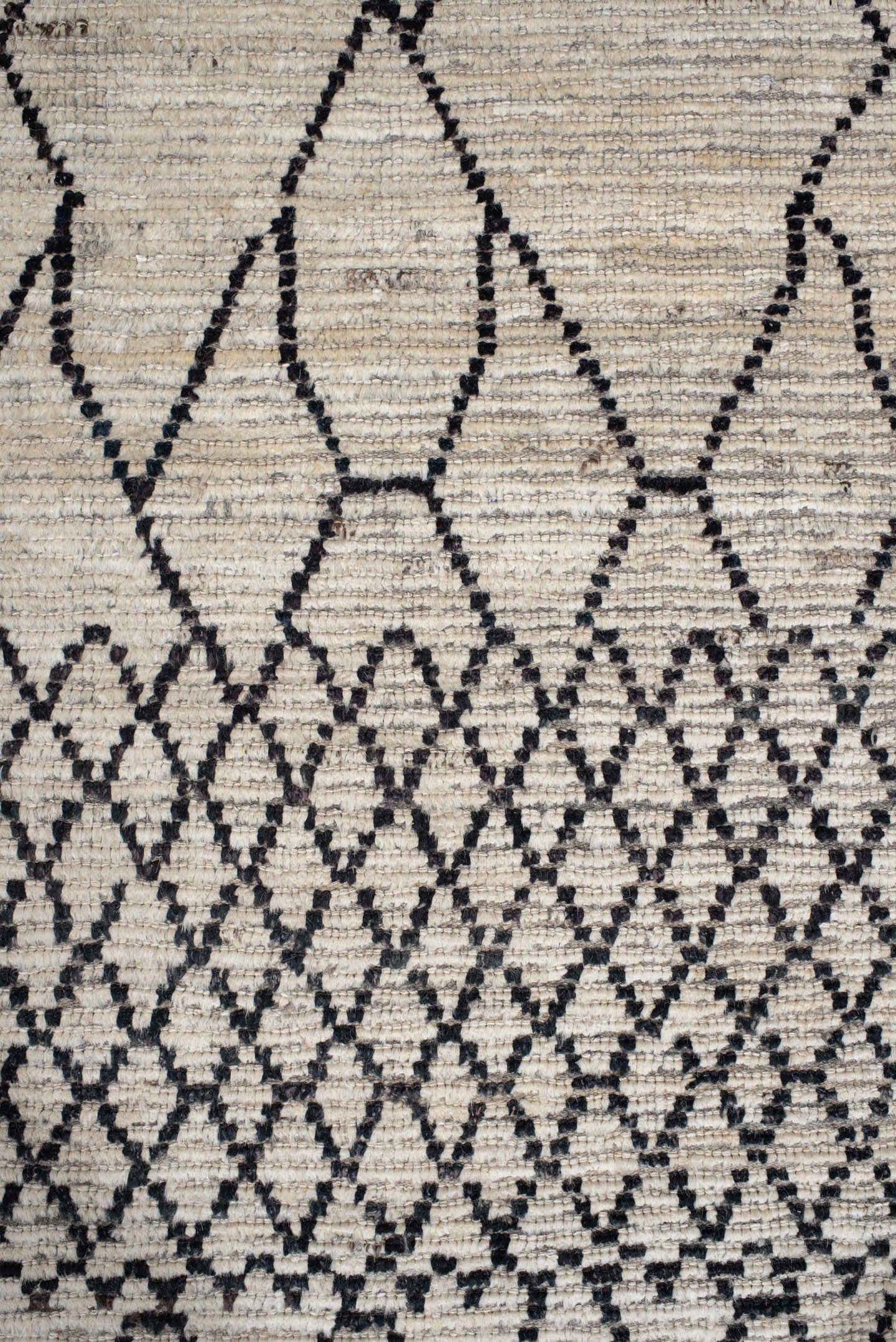 3' x 13' one-of-a-kind handmade vintage Tulu runner rug. Color palette: ivory, black, taupe, charcoal, beige, gray