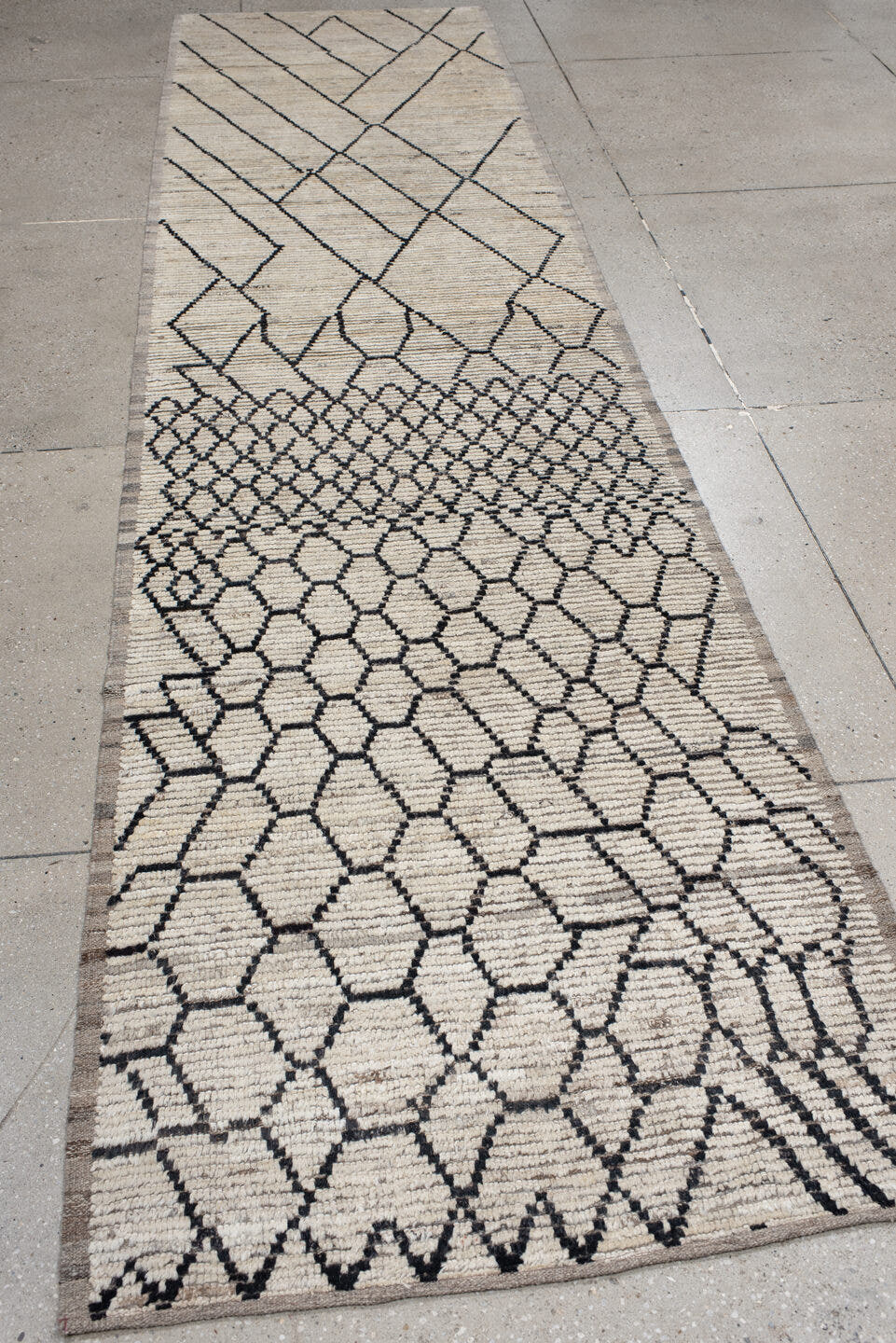 3' x 13' one-of-a-kind handmade vintage Tulu runner rug. Color palette: ivory, black, taupe, charcoal, beige, gray