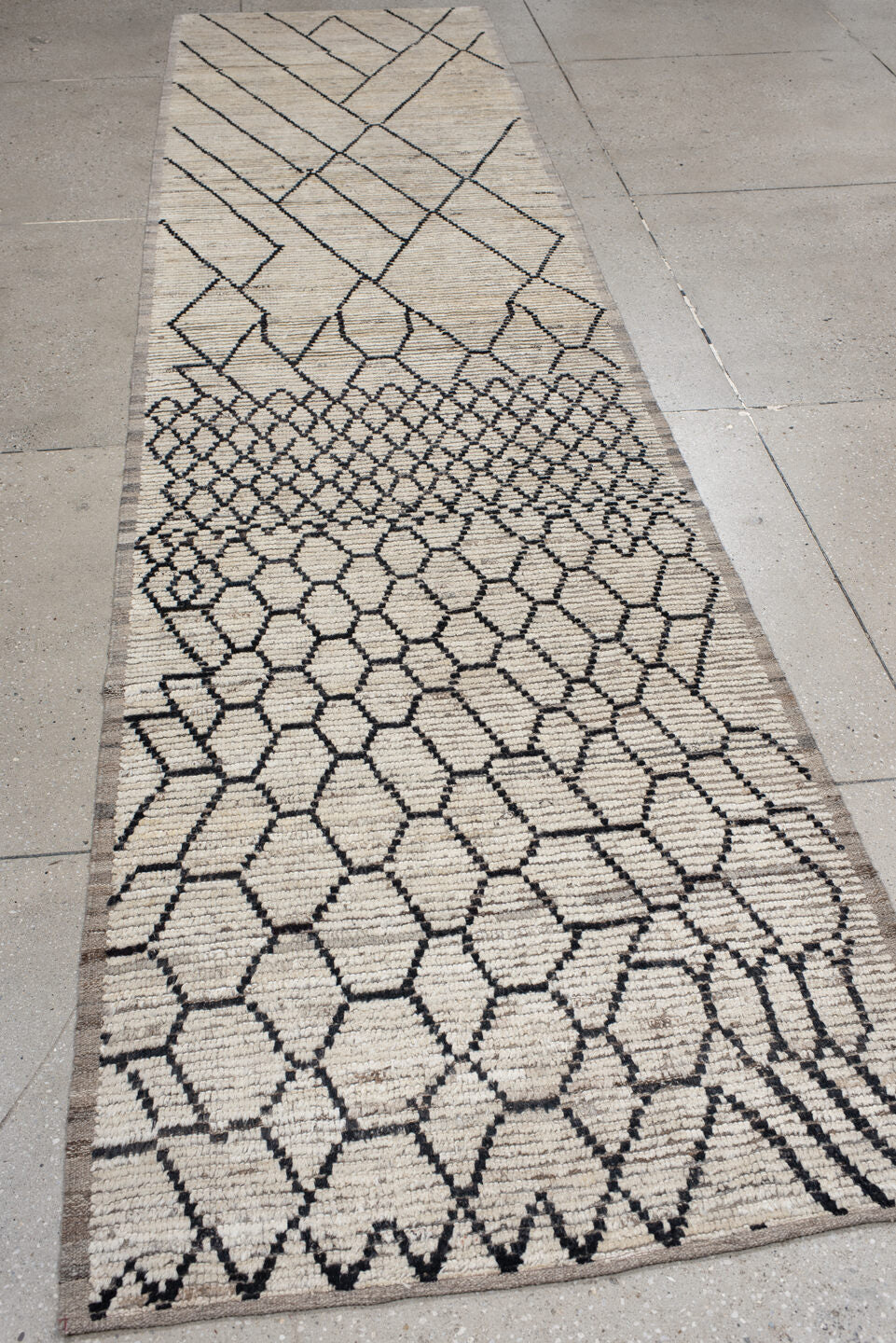 3' x 13' one-of-a-kind handmade vintage Tulu runner rug. Color palette: ivory, black, taupe, charcoal, beige, gray
