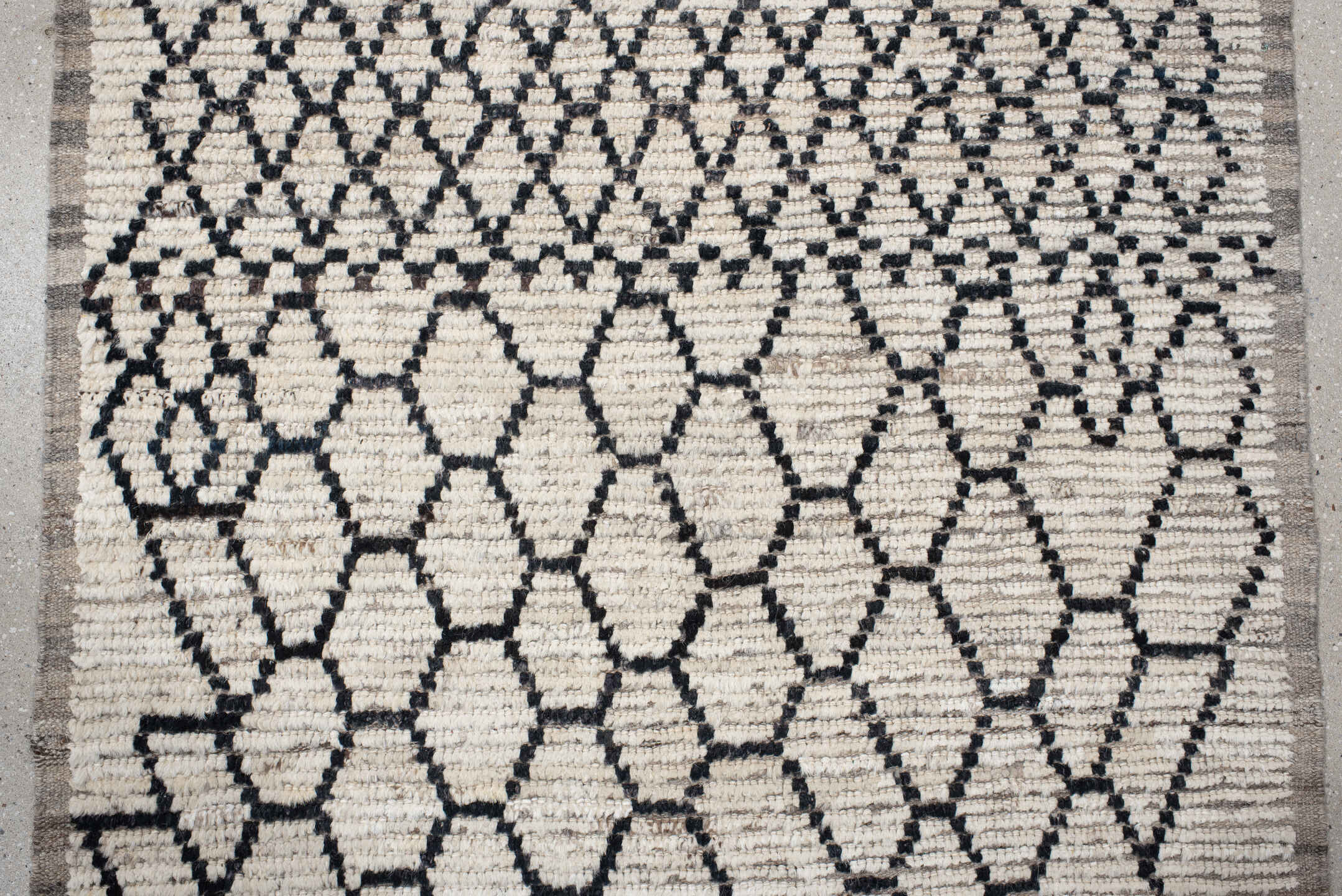 3' x 13' one-of-a-kind handmade vintage Tulu runner rug. Color palette: ivory, black, taupe, charcoal, beige, gray