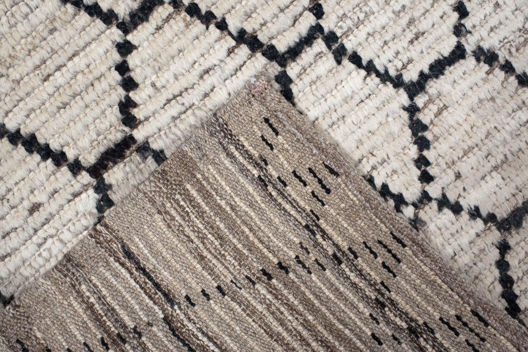 3' x 13' one-of-a-kind handmade vintage Tulu runner rug. Color palette: ivory, black, taupe, charcoal, beige, gray