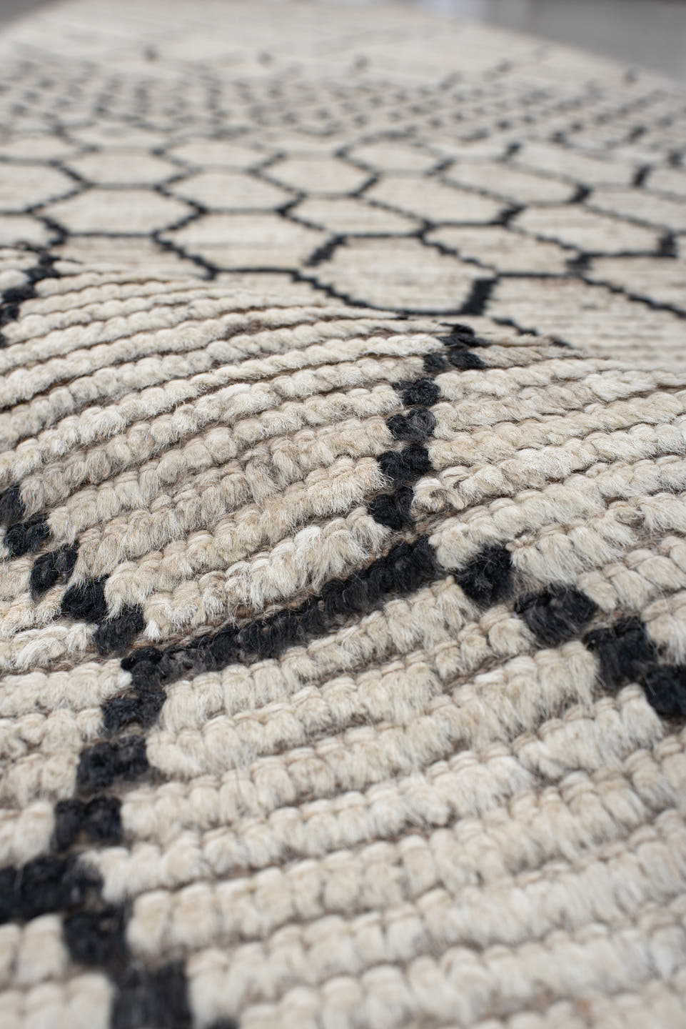 3' x 13' one-of-a-kind handmade vintage Tulu runner rug. Color palette: ivory, black, taupe, charcoal, beige, gray