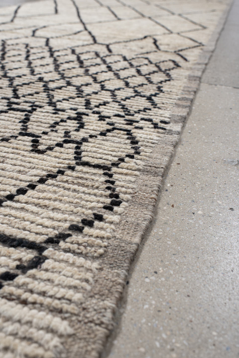 3' x 13' one-of-a-kind handmade vintage Tulu runner rug. Color palette: ivory, black, taupe, charcoal, beige, gray