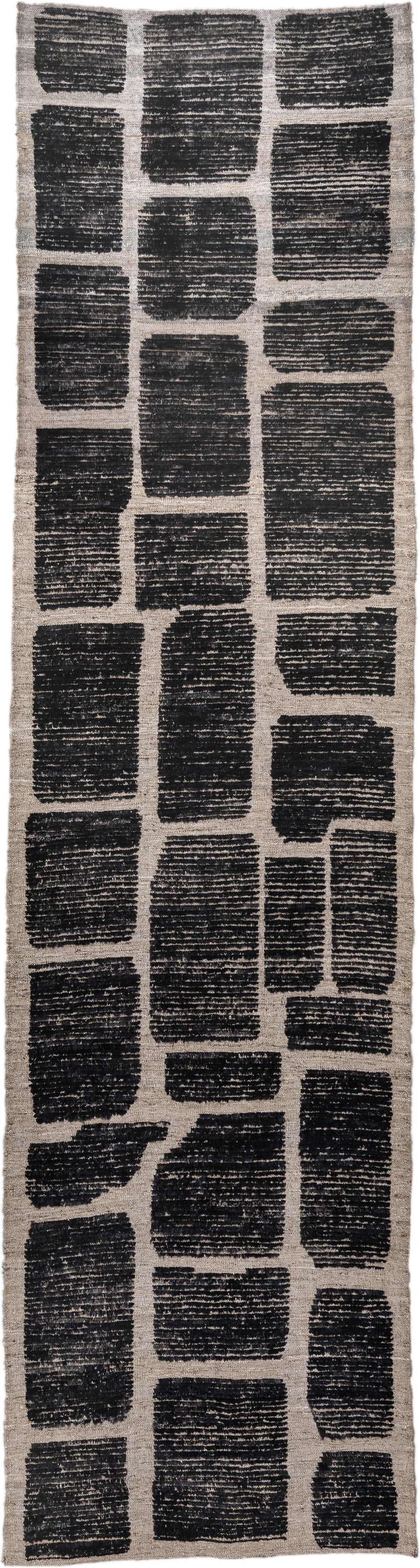 3' x 12' one-of-a-kind handmade vintage Tulu runner rug. Color palette: charcoal, taupe, ivory, gray, black, beige