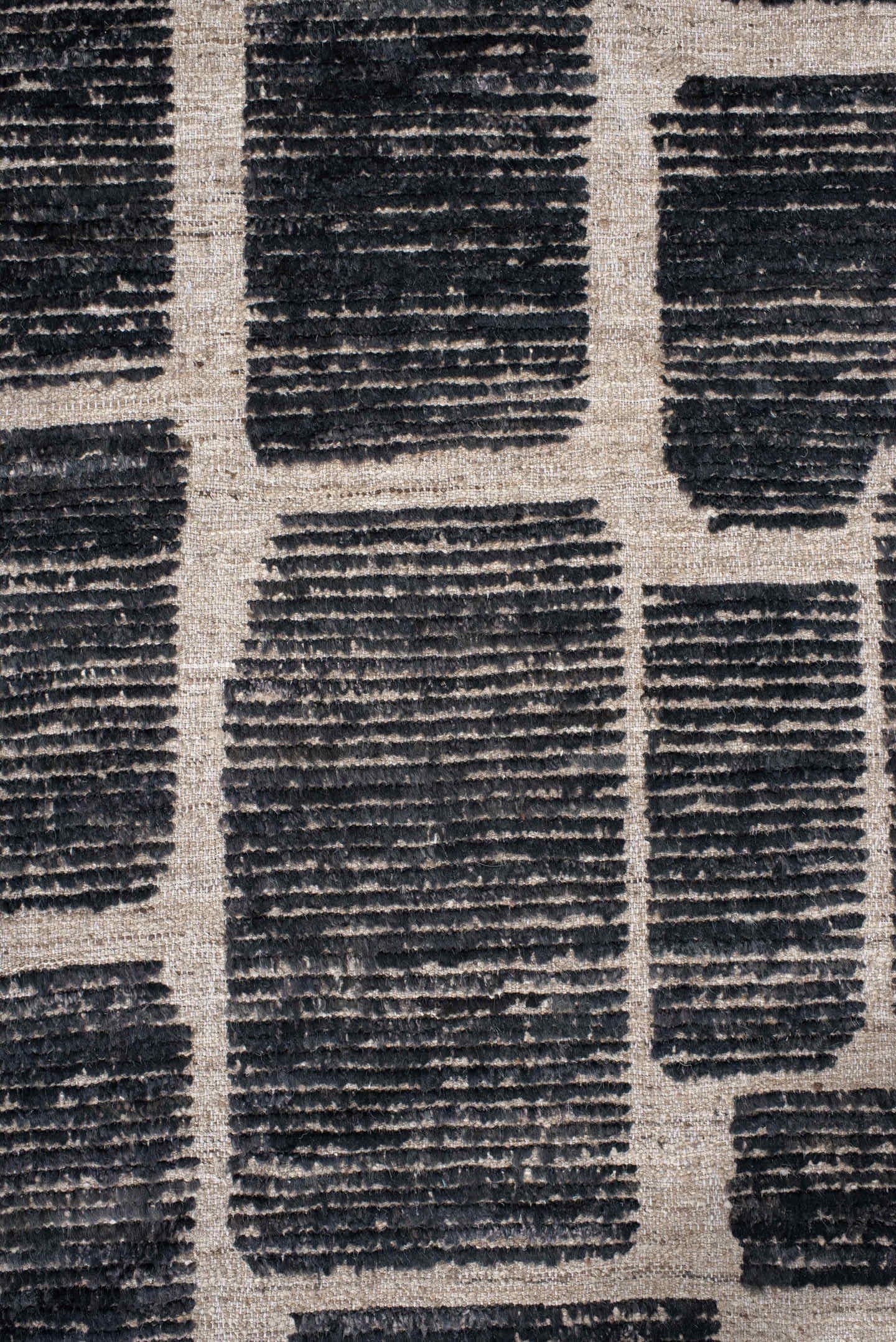 3' x 12' one-of-a-kind handmade vintage Tulu runner rug. Color palette: charcoal, taupe, ivory, gray, black, beige