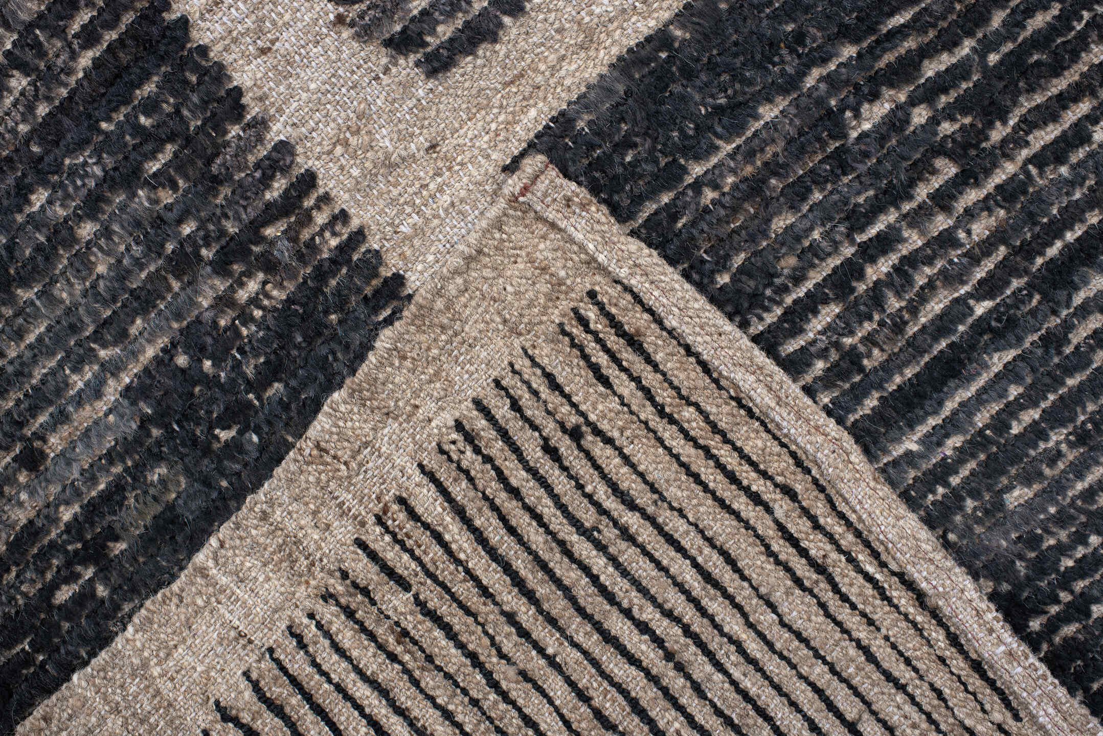 3' x 12' one-of-a-kind handmade vintage Tulu runner rug. Color palette: charcoal, taupe, ivory, gray, black, beige