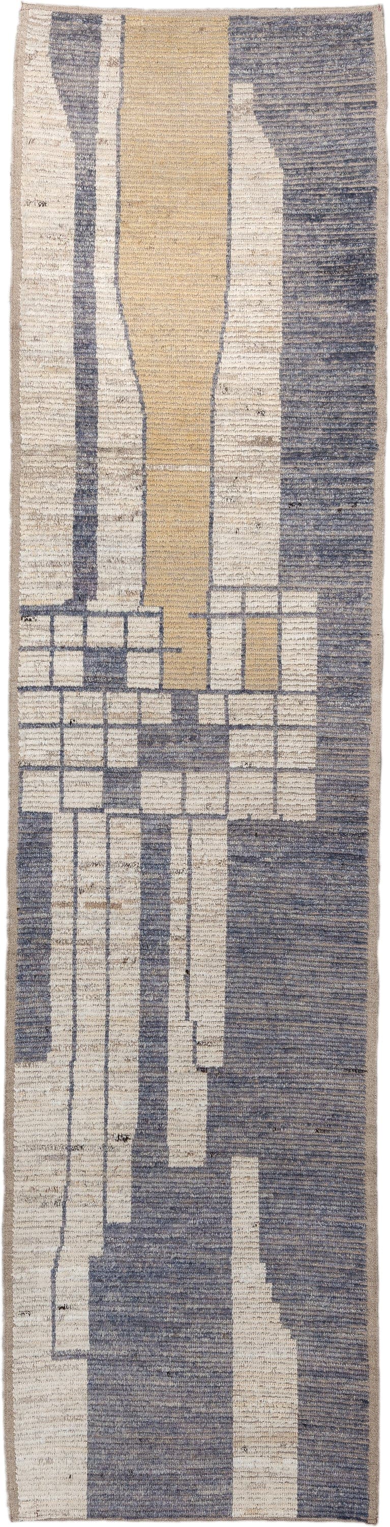 3' x 12' one-of-a-kind handmade vintage Tulu runner rug. Color palette: ivory, slate, taupe, camel, charcoal, gray, beige
