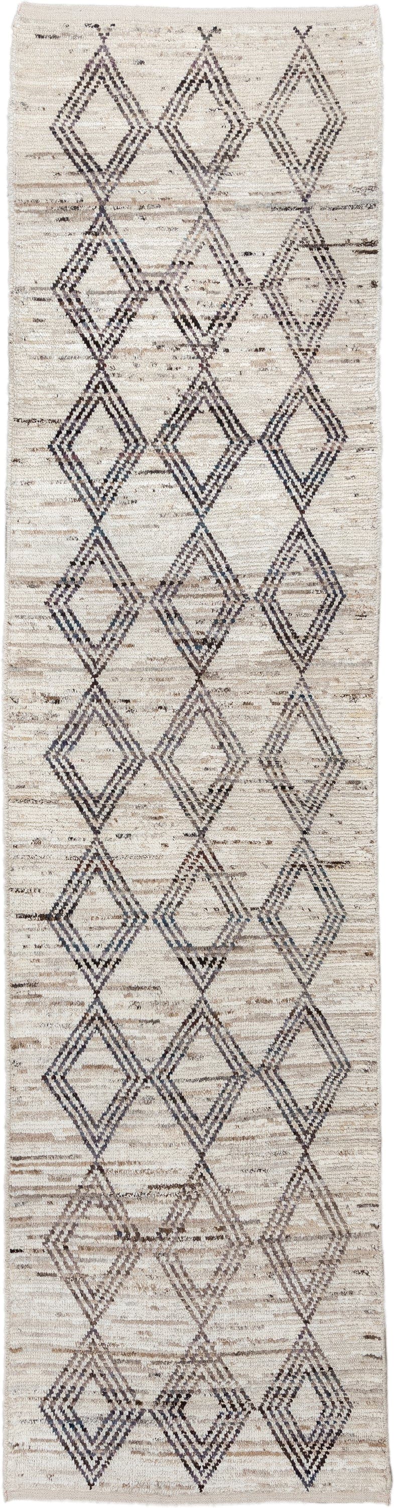 3' x 13' one-of-a-kind handmade vintage Tulu runner rug. Color palette: ivory, charcoal, taupe, beige, gray, black