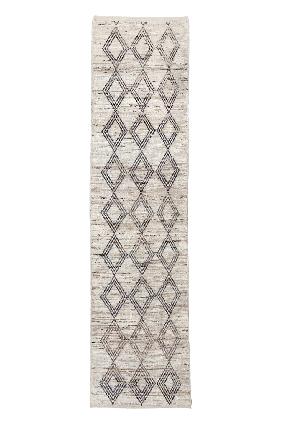 3' x 13' one-of-a-kind handmade vintage Tulu runner rug. Color palette: black, blue, dark gray, dim gray, gainsboro, gray