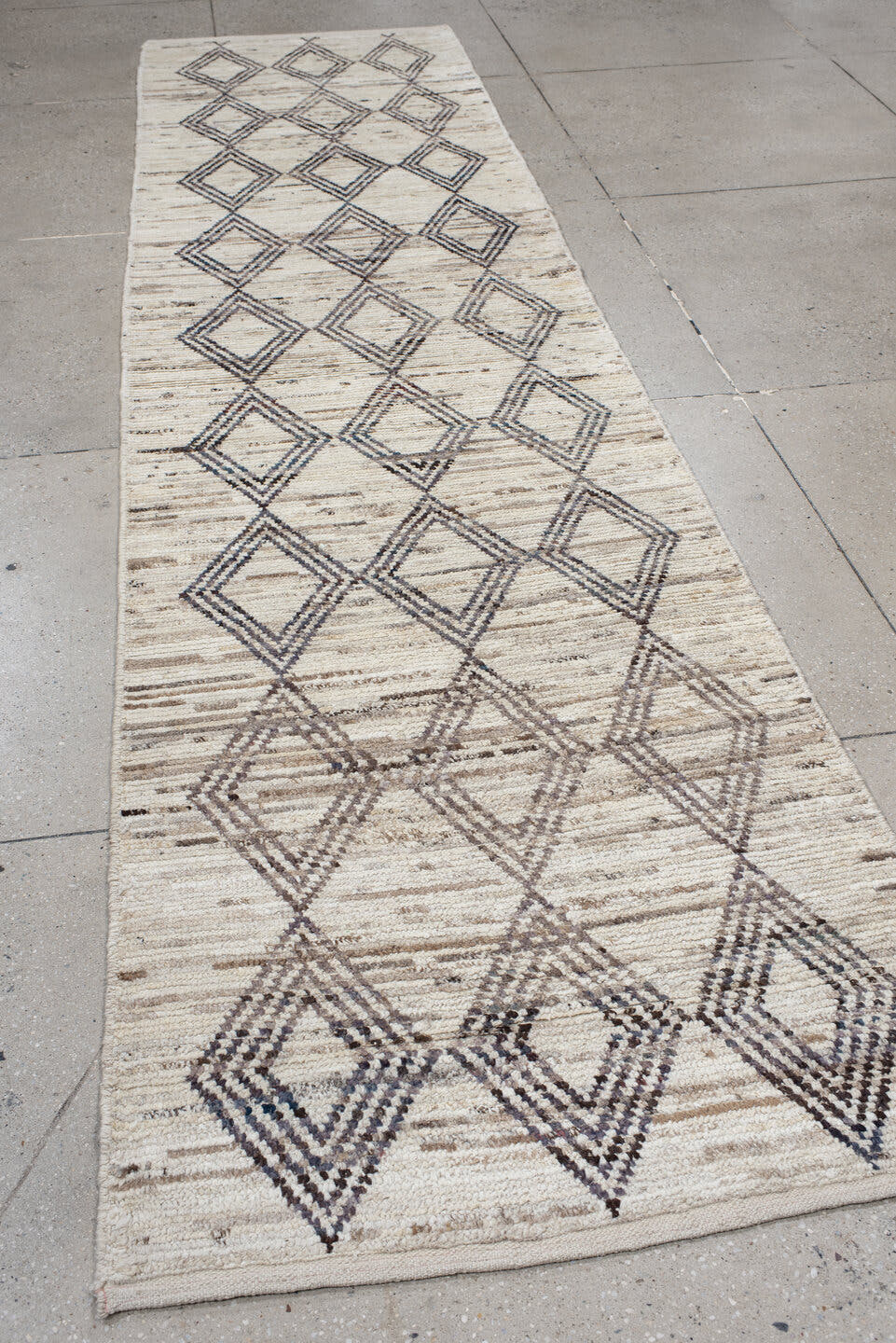 3' x 13' one-of-a-kind handmade vintage Tulu runner rug. Color palette: ivory, charcoal, taupe, beige, gray, black