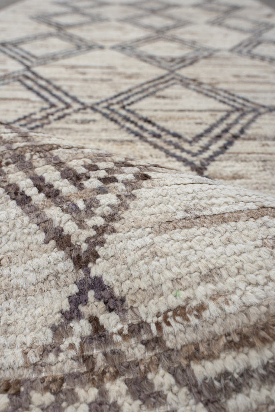 3' x 13' one-of-a-kind handmade vintage Tulu runner rug. Color palette: ivory, charcoal, taupe, beige, gray, black