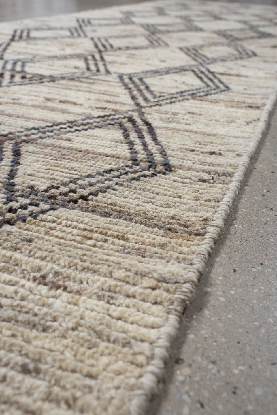 3' x 13' one-of-a-kind handmade vintage Tulu runner rug. Color palette: ivory, charcoal, taupe, beige, gray, black