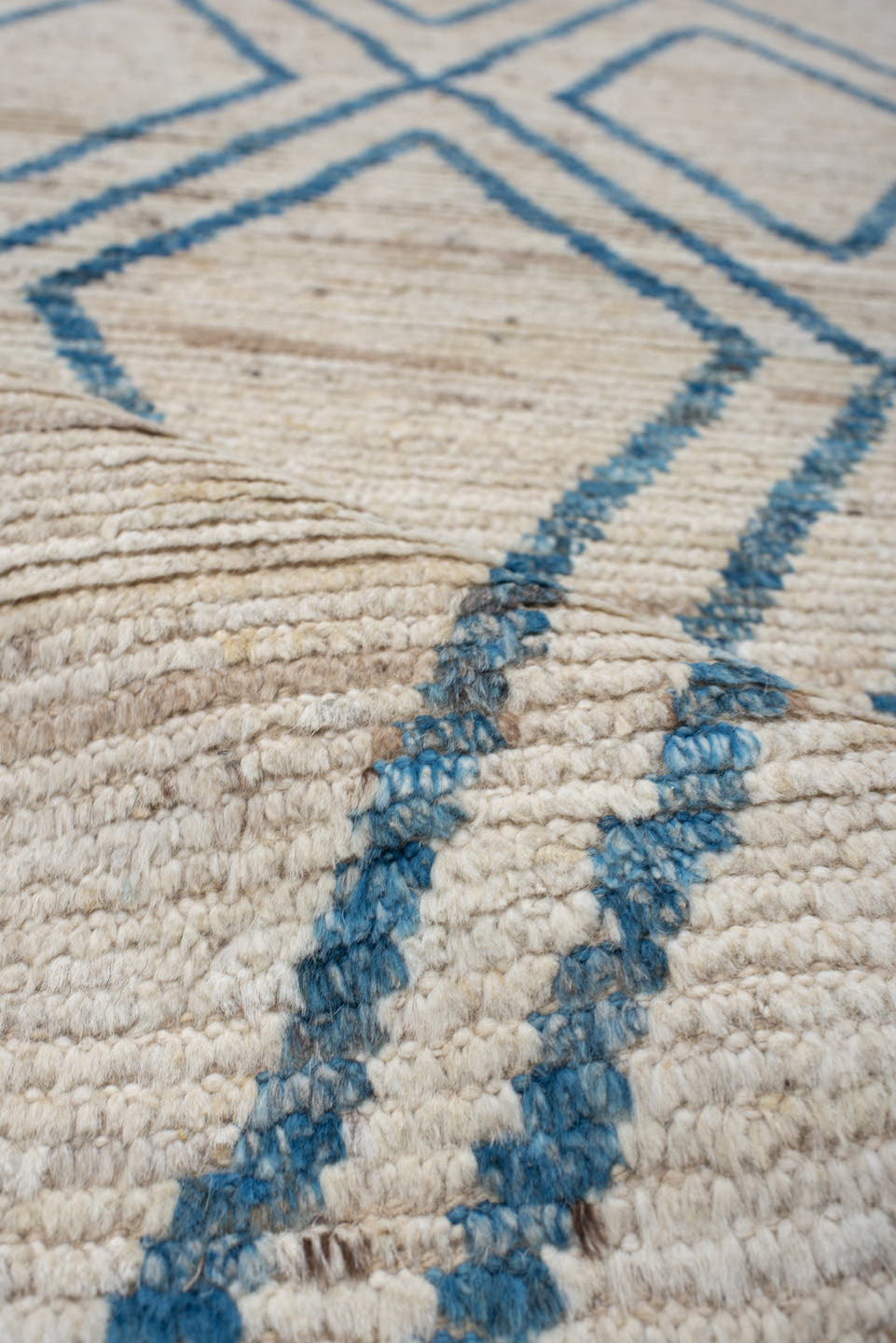 3' x 13' one-of-a-kind handmade vintage Tulu runner rug. Color palette: ivory, sky blue, cream, beige, light blue