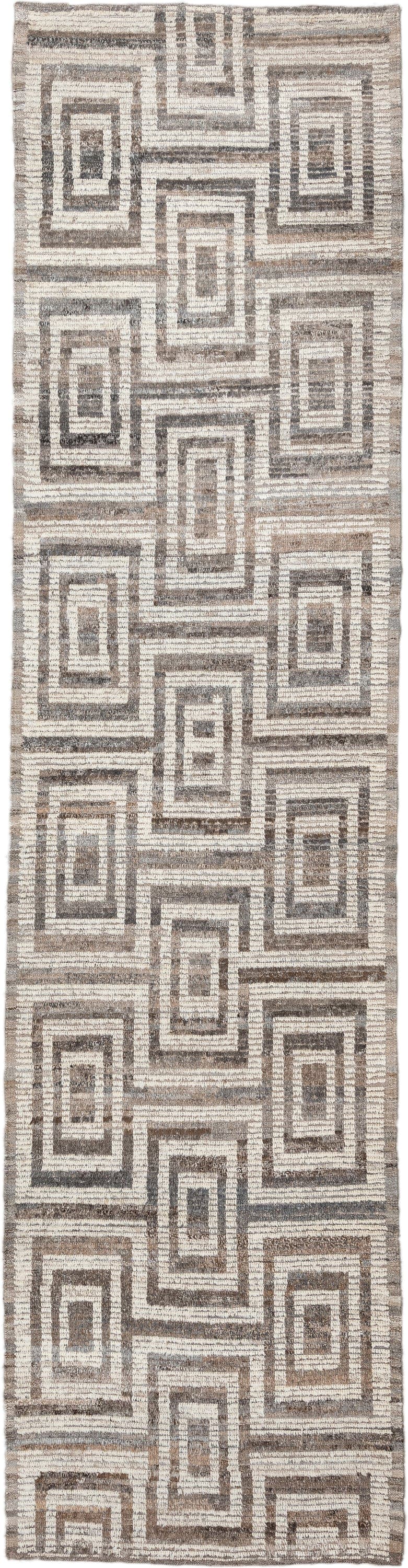 3' x 13' one-of-a-kind handmade vintage Tulu runner rug. Color palette: ivory, taupe, brown, charcoal, greige, beige, gray